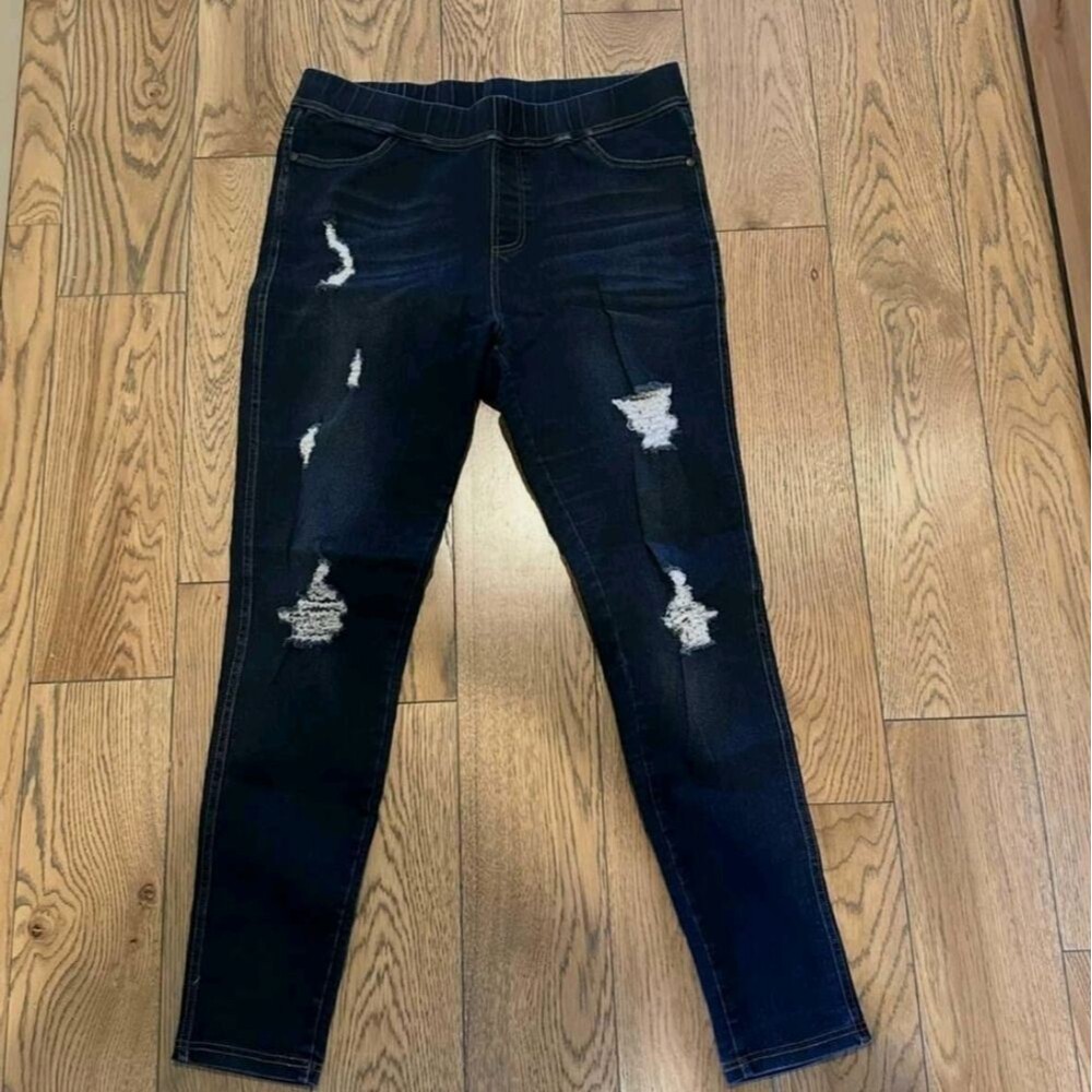 Distressed Dark Blue Women's Pull On Jeans